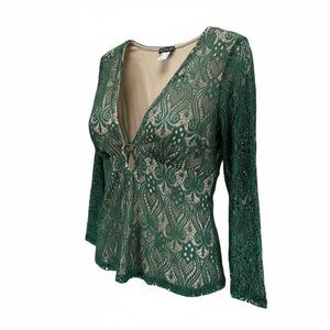 Venus Emerald Green Open Knit Lace Long Sleeve Top Boho Y2K Nude Lined Deep V
